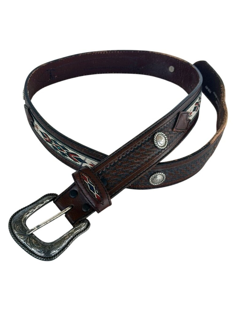 Vintage Wrangler Western Aztec Southwestern Brown Leather Belt Handmade Size 38